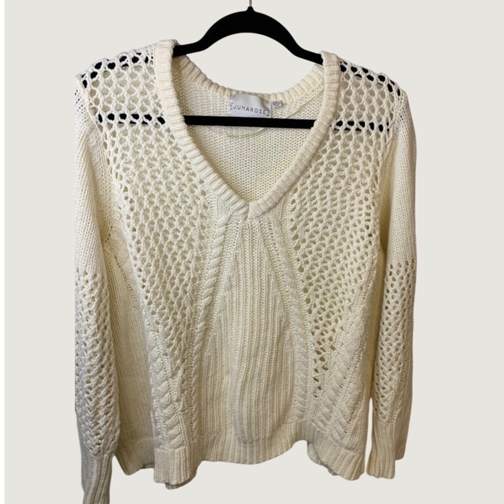 Junarose Cream White V-Neck Cable Crochet Knit Pullover Sweater Plus Size 2X